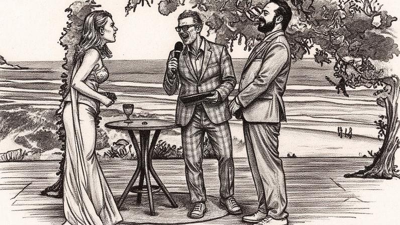 Ator Nelson Freitas foi celebrante do casamento de Gabriela Vicente e Gabriel O Pensador — Foto: Cícero Civalli