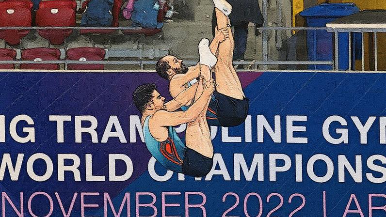 Pedro Ferreira e Diogo Abreu na final dos Mundiais de trampolins em Pamplona, Espanha