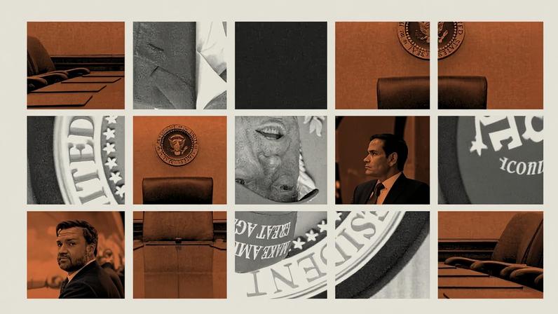 A photo collage grid of Donald Trump, Marco Rubio, and J.D. Vance among stills from the Situation Room.