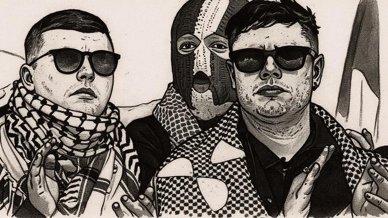 Mo Chara (L) with bandmates Móglaí Bap (R) and DJ Próvaí (C) outside Westminster Magistrates' Court in London on June 18, 2025.