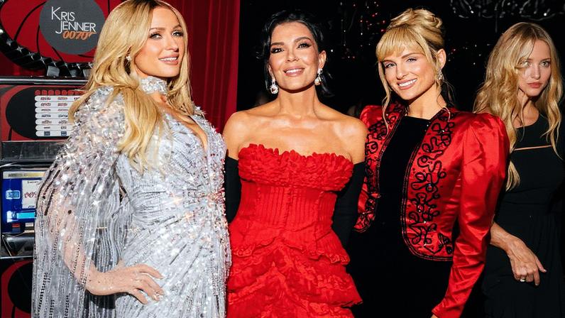 Meghan Trainor’s (right, with Paris Hilton and Kris Jenner) curves were notably turned down at Kris Jenner’s birthday last weekend. krisjenner/Instagram