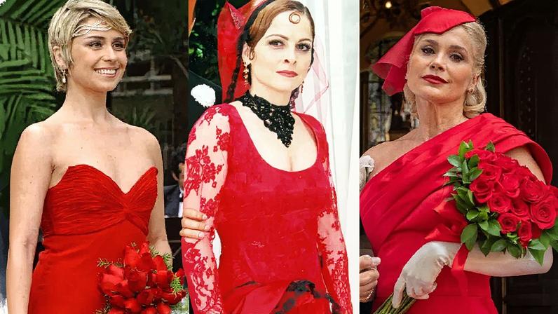 Noivas de vermelho: Bárbara (Giovanna Antonelli), em 'Da Cor do Pecado'; Marcela (Drica Moraes), em 'O Cravo e a Rosa'; Sandra (Flávia Alessandra), em 'Êta Mundo Melhor!' — Foto: TV Globo e Reprodução/Instagram