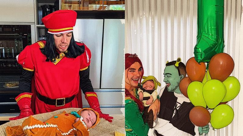 Lucas Rangel e Lucas Bley celebram o mêsversário de um mês da filha, Mia — Foto: Reprodução/ Instagram